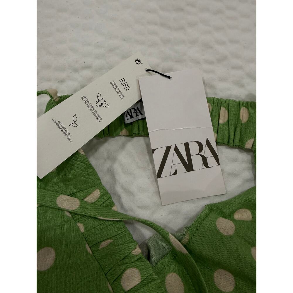 Zara Linen Blend Polka Dot Mini Dress Green Ruffle Hem NWT Women's Size Small - Picture 8 of 12